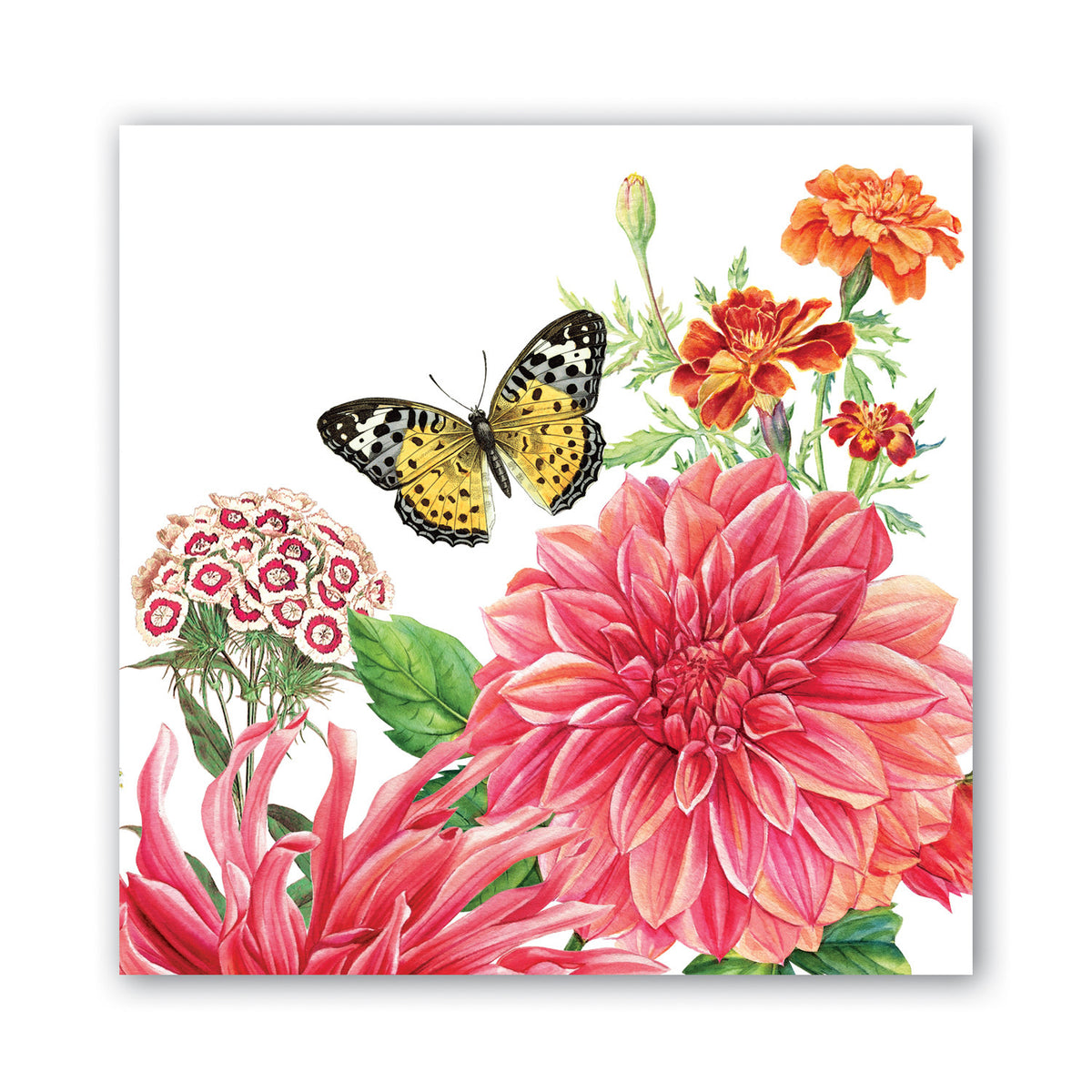 Pack of folded triple-ply luncheon napkins featuring a delicate dahlia floral pattern in soft tones.