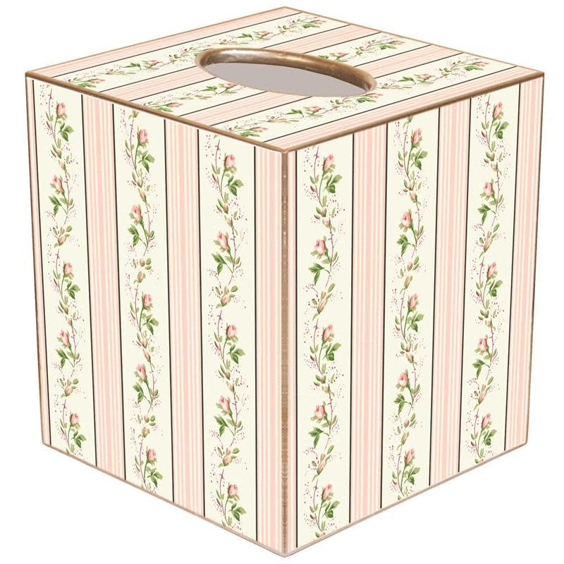 Hand-painted gold tissue box cover with dainty rose stripe pattern on paper mache