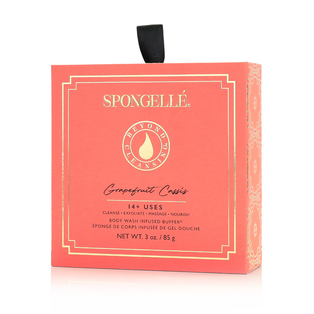 Boxed Flower bath sponge with chic hanging ribbon in daisy collection grapefruit cassis color