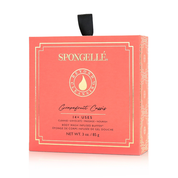 Boxed Flower bath sponge with chic hanging ribbon in daisy collection grapefruit cassis color