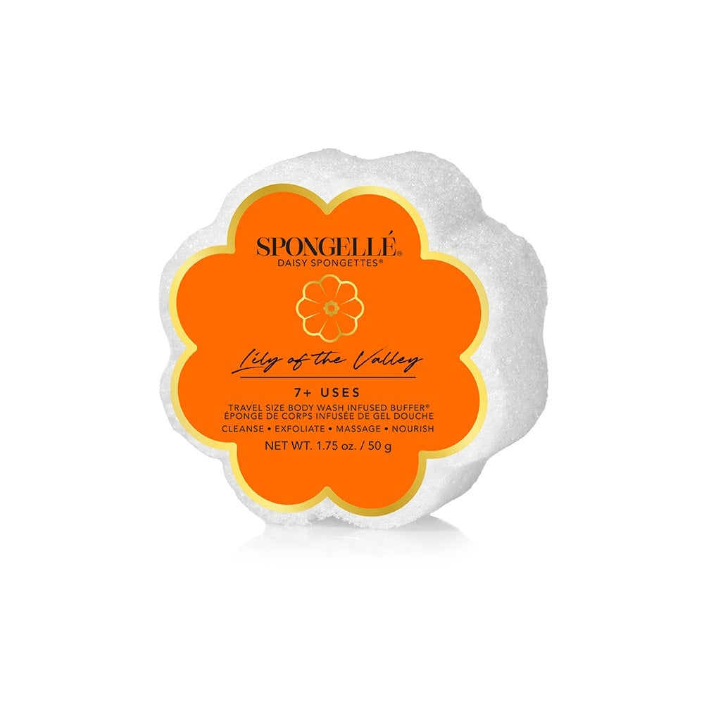 Daisy Collection Spongette body wash infused buffer sponge in white with lily of the valley floral pattern.