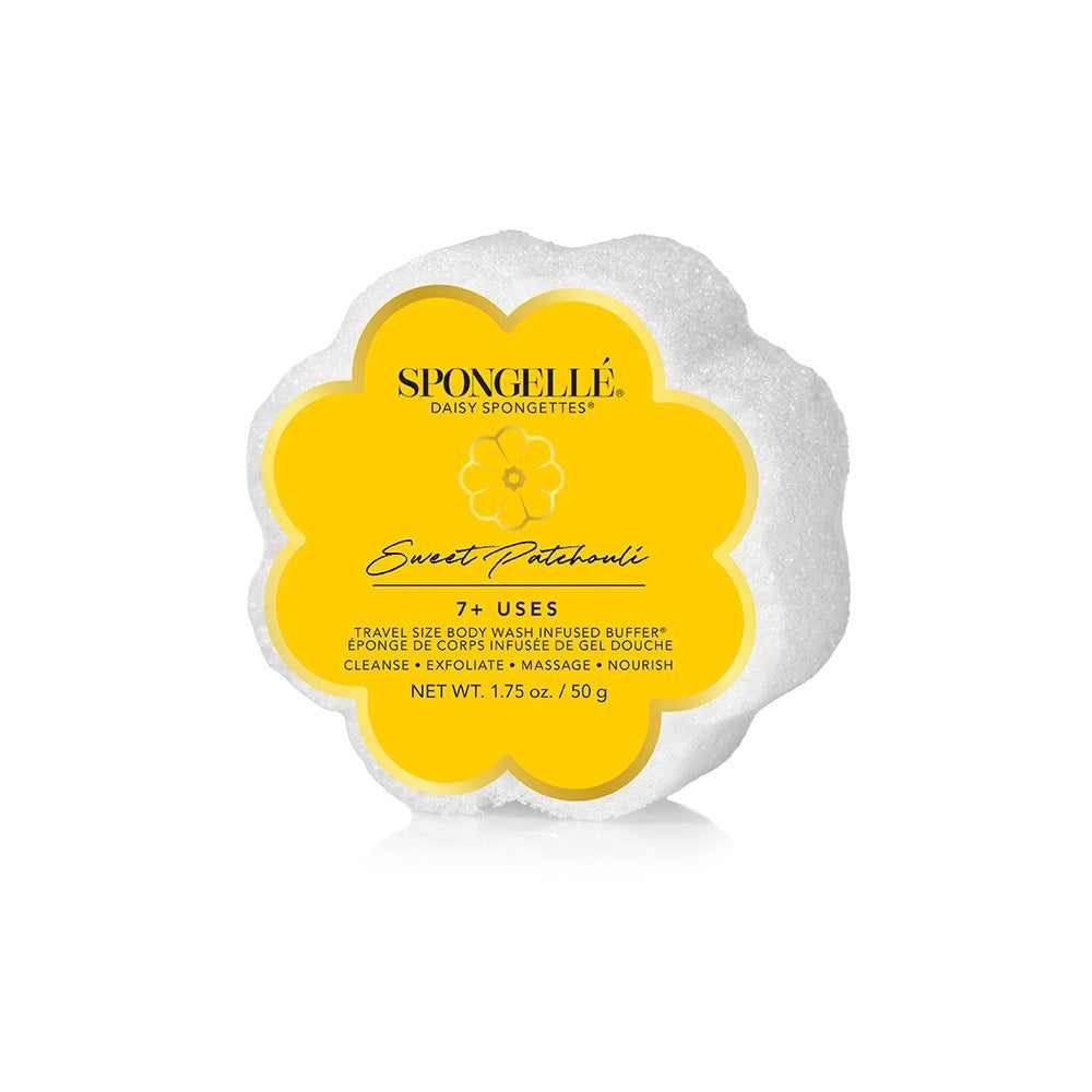 Daisy Collection Spongette in Sweet Patchouli with built-in body wash and exfoliating texture.