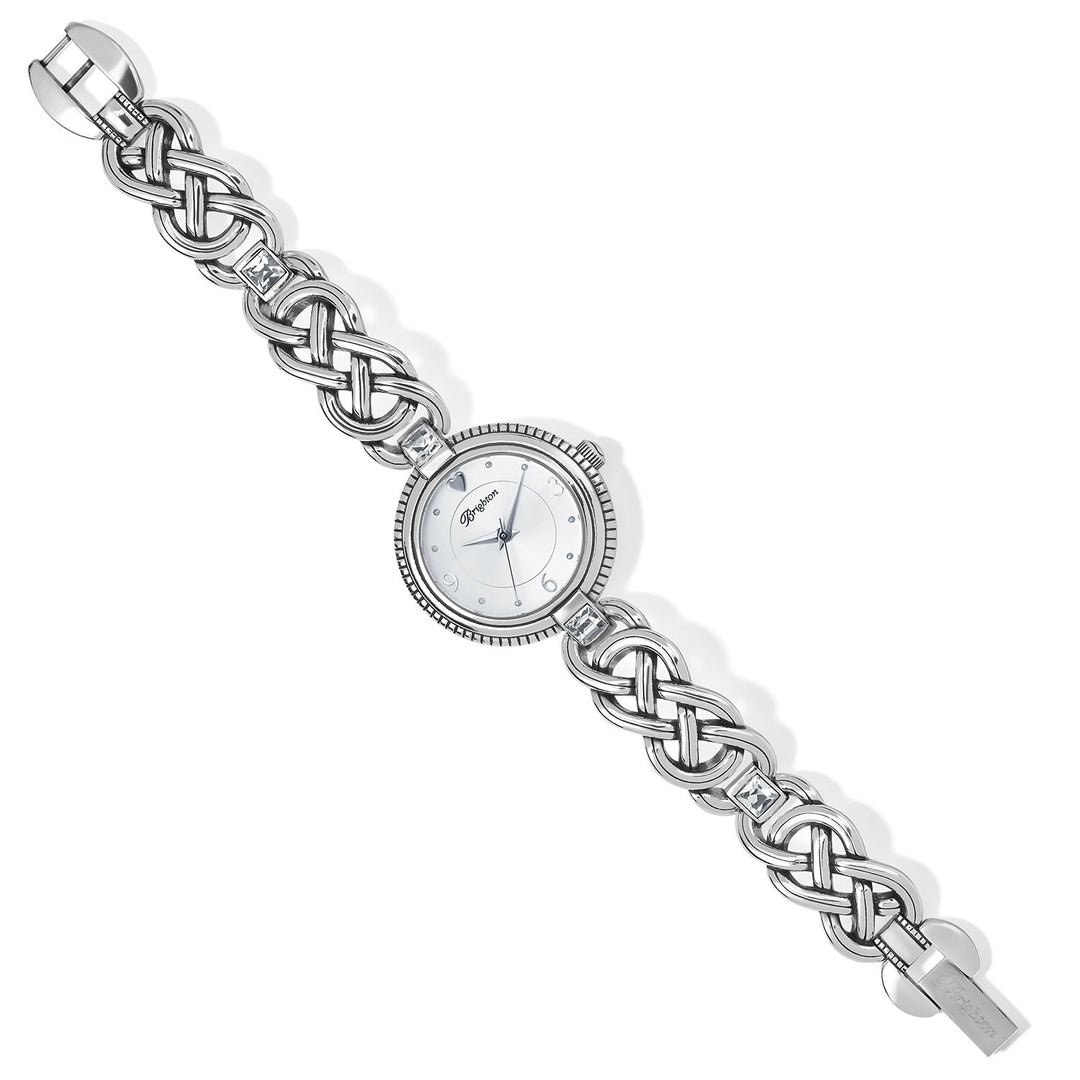 Silver plated Dalkey watch with Celtic knot endless link chain, fold-over clasp, and crystal face.