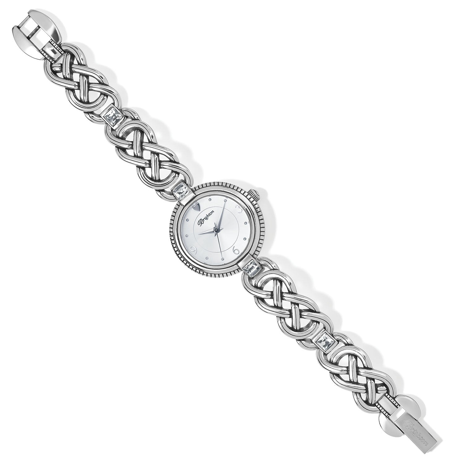 Silver plated Dalkey watch with Celtic knot endless link chain, fold-over clasp, and crystal face.