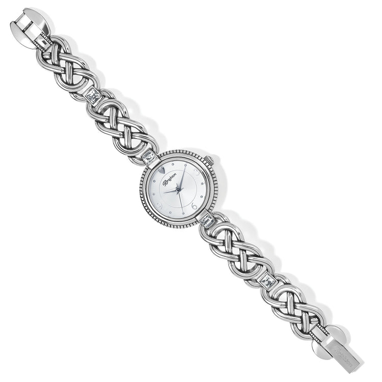 Silver plated Dalkey watch with Celtic knot endless link chain, fold-over clasp, and crystal face.