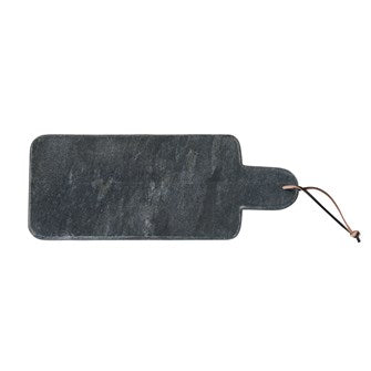 Black marble cheese and cutting board with a rectangular body, rounded handle, and leather loop.