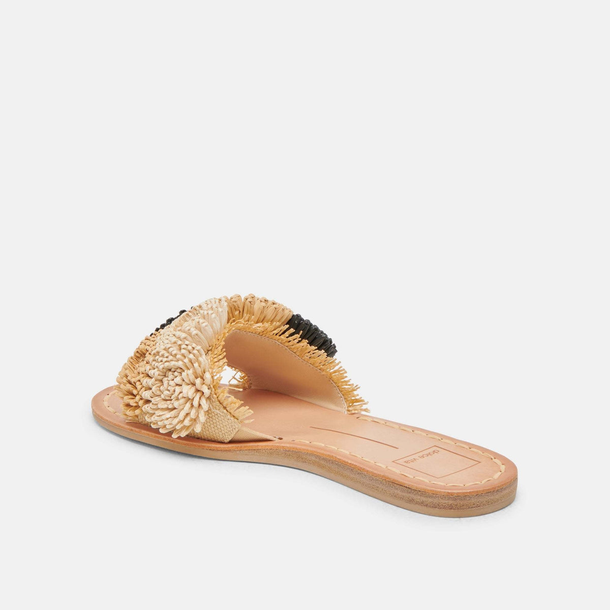 Danela sandals featuring a textile raffia upper with synthetic raffia flowers on the strap and recycled synthetic outsole.