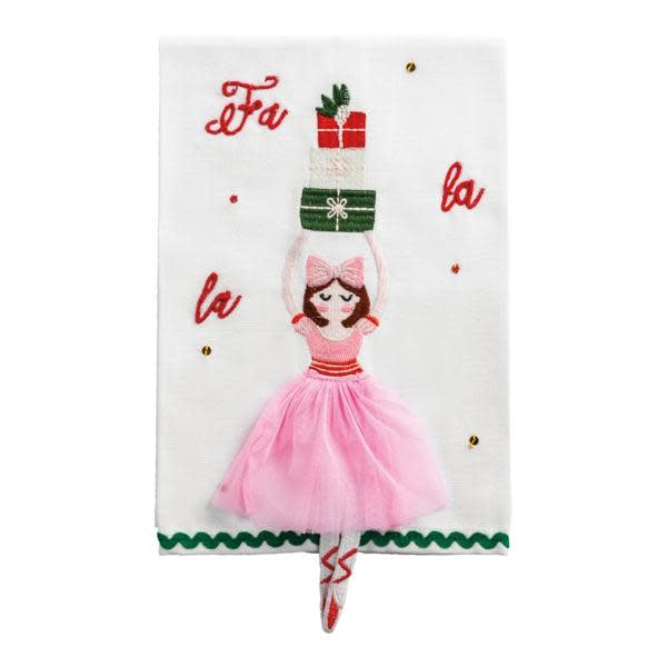 Embroidered Christmas hand towel with stuffed dangle legs, ric-rac trim, sequins, and red fabric.