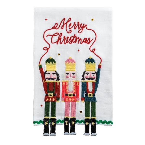 Embroidered canvas hand towel with stuffed dangle legs, ric-rac trim, sequins in nutcracker design.