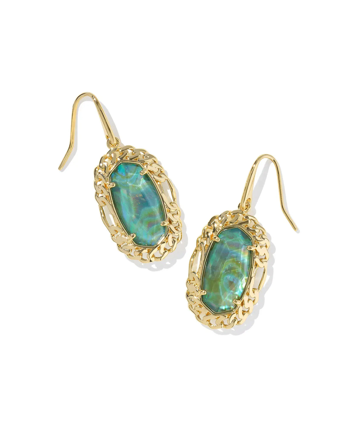 Gold Dani Figaro frame drop earrings with deep aqua shimmering stones at the center.