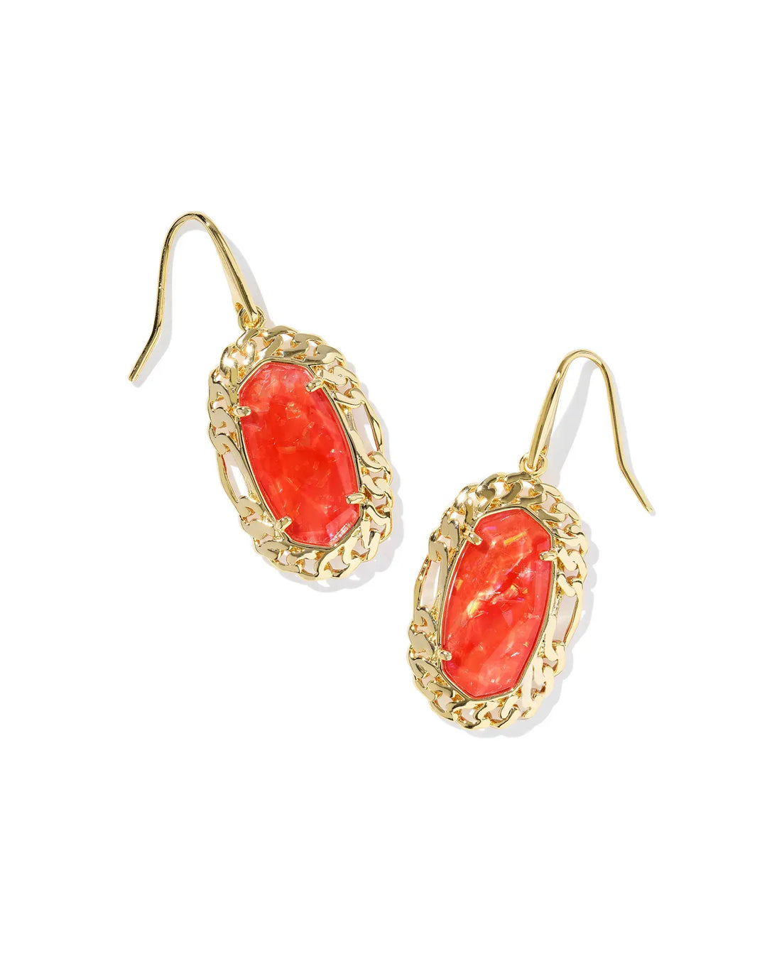 Gold Dani Figaro frame drop earrings with iridescent stones on earwire closure