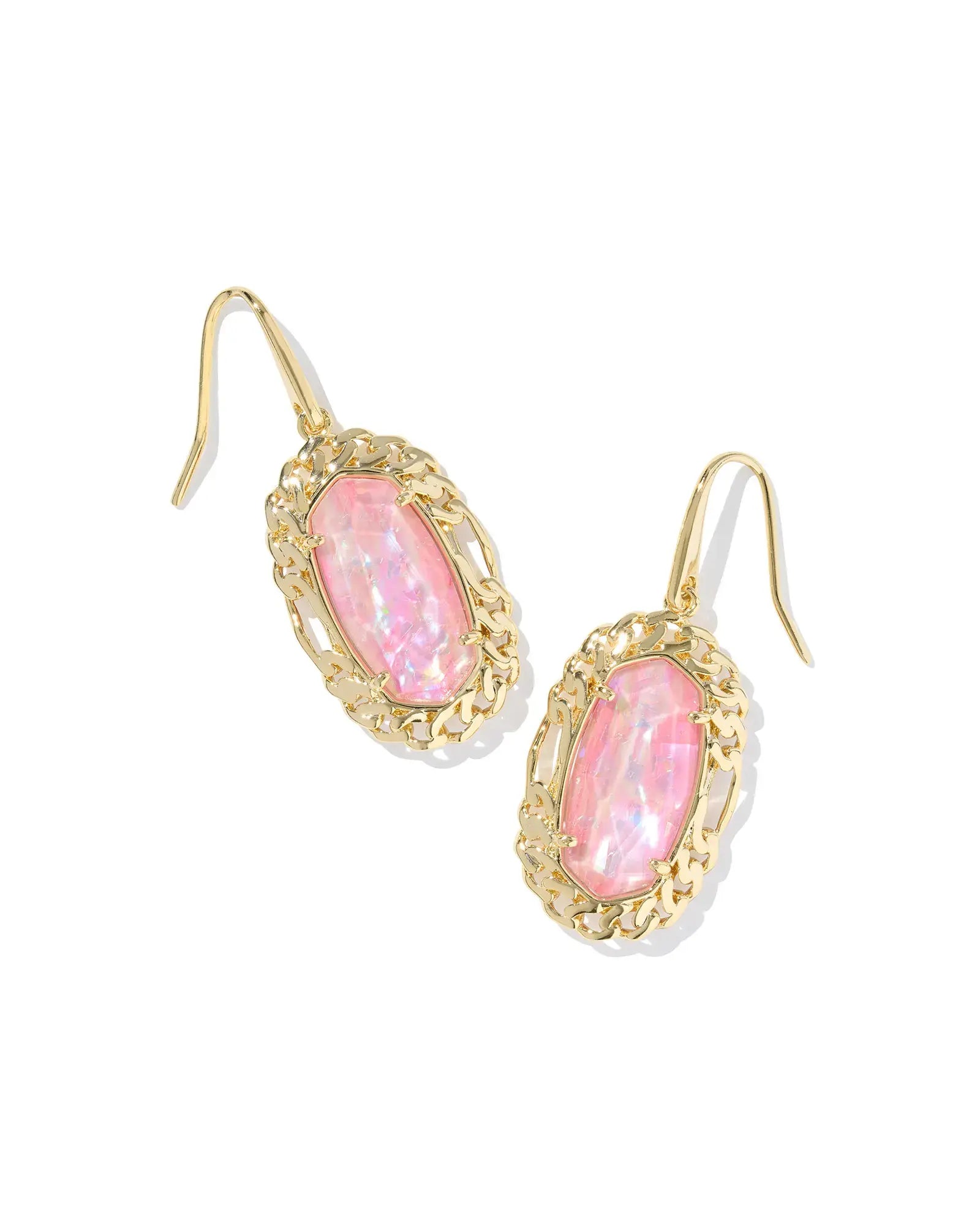 Gold Dani Figaro frame drop earrings with pink iridescent stones at the center.