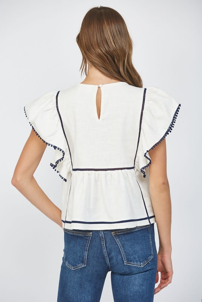 Danica Lace Insert Embroidered Flutter Sleeve Blouse