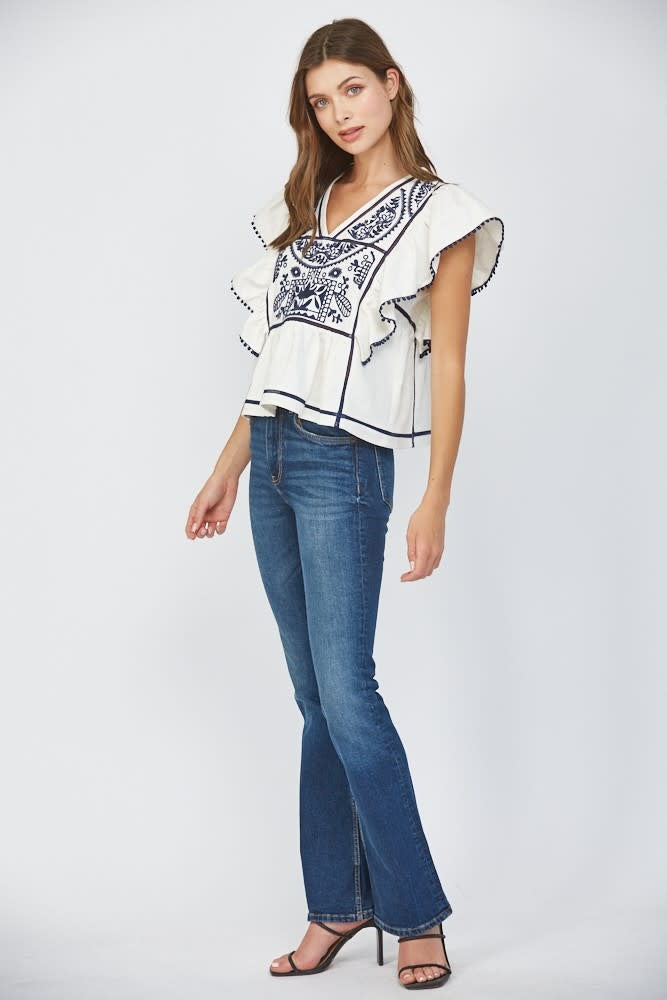 Danica Lace Insert Embroidered Flutter Sleeve Blouse