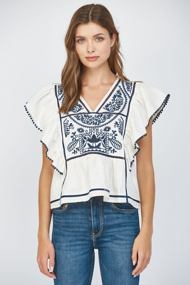 Danica Lace Insert Embroidered Flutter Sleeve Blouse