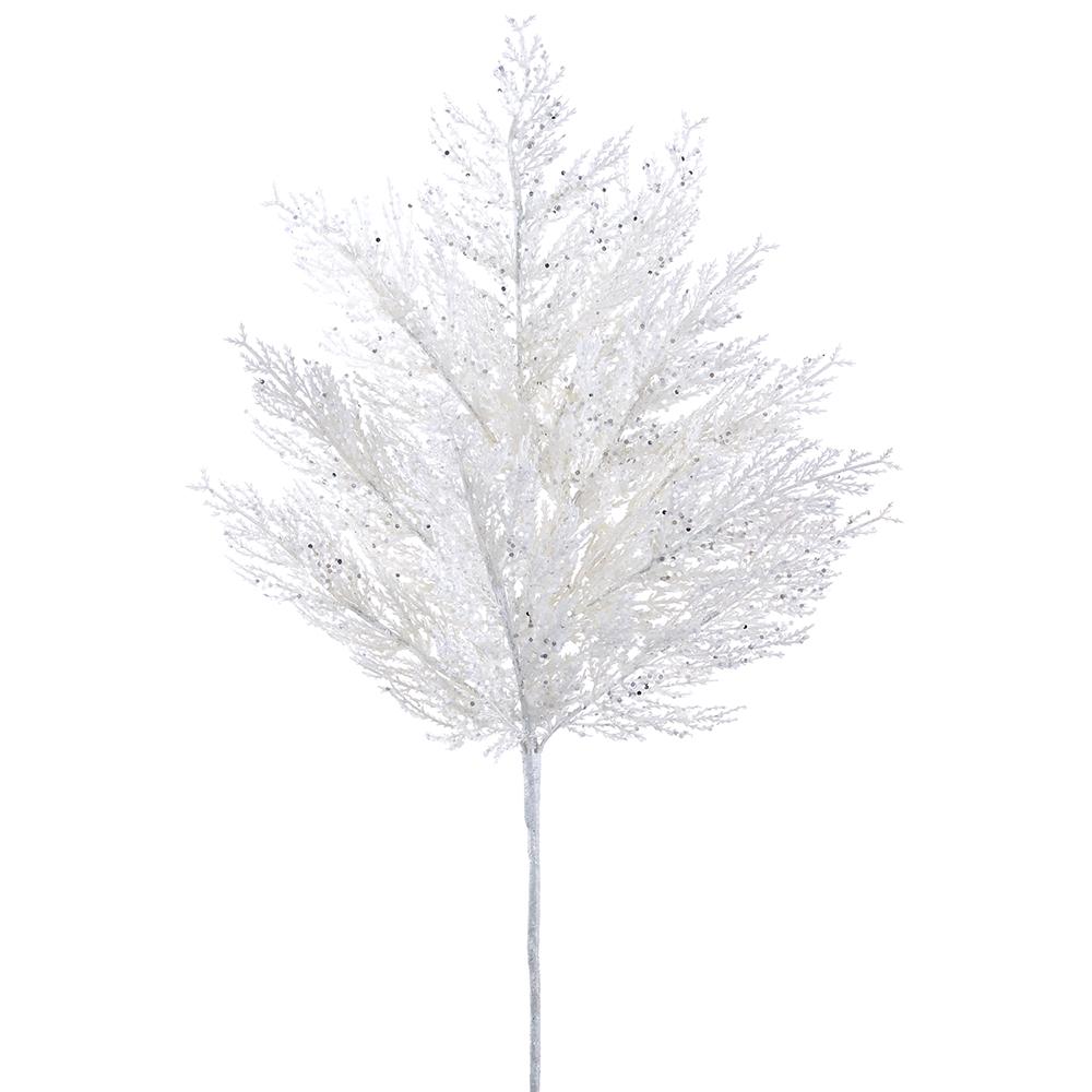 27 inch white glittered pine spray with a long stem and shimmering branch details.
