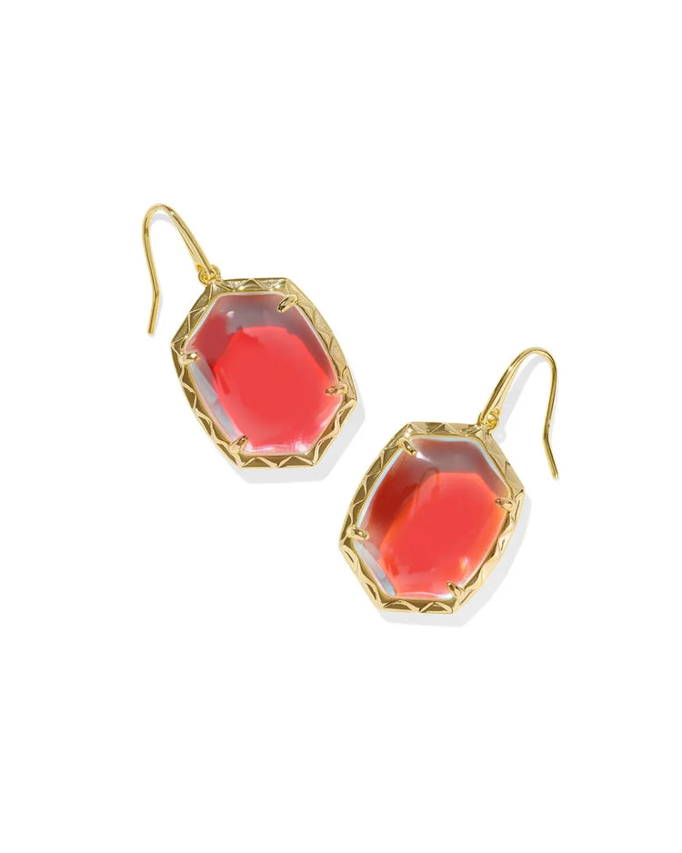 Gold drop earrings with dichroic glass stones in a textured frame.