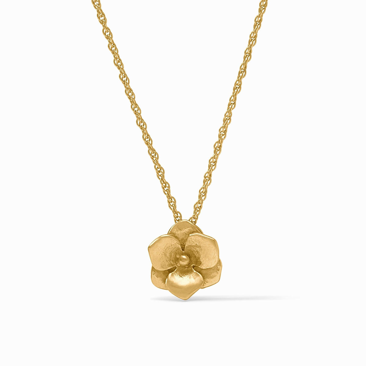 Adjustable gold rope chain necklace with a sculpted floral pendant featuring golden petals.