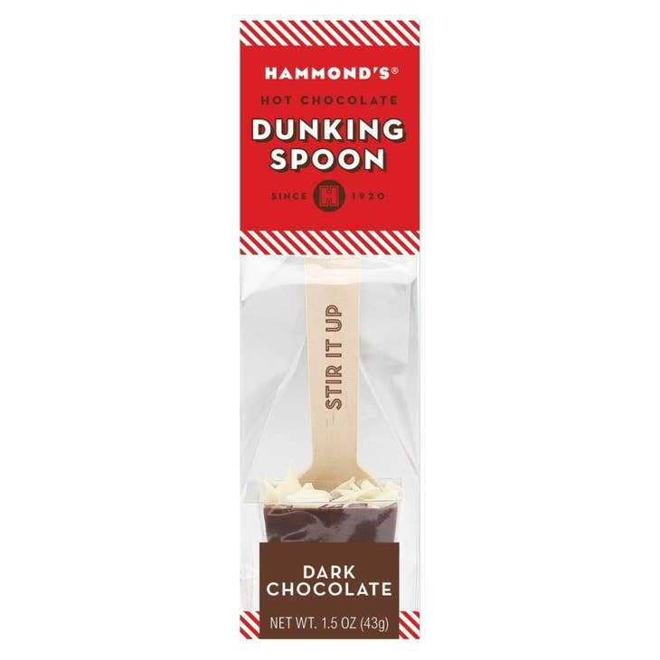 Dark chocolate dunking spoon with a handle shaped like a cocoa cup.
