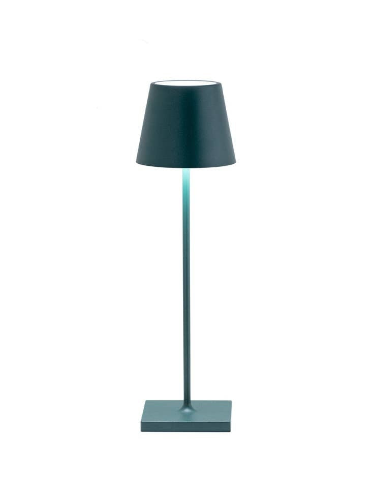 Dark green die-cast aluminum cordless table lamp with square base and polycarbonate diffuser.