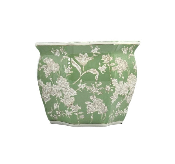 Ceramic Chinoiserie Planter Pot Green & White - Sold Individually
