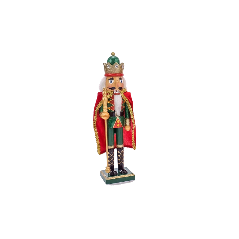 15-inch wooden nutcracker king in a green uniform with a red cape and gold scepter.