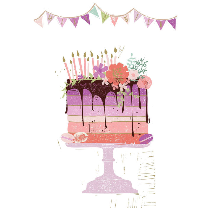 Birthday cake banner with glitter foil emboss detailing the phrase 'Make a wish' and text reading 'May all your wishes come true!'