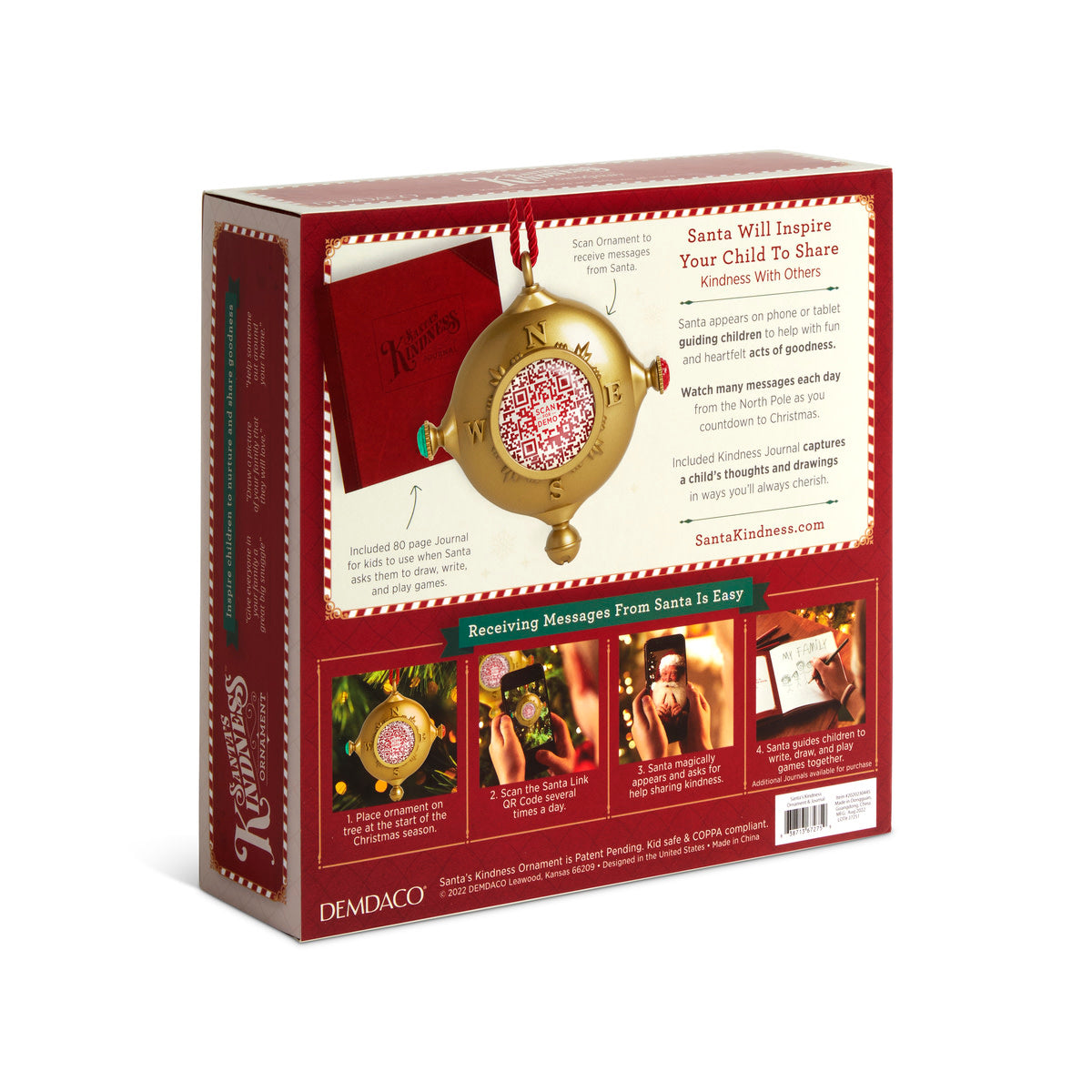Back of Santa's Kindness Ornament & Journal box showing instructions and product features.