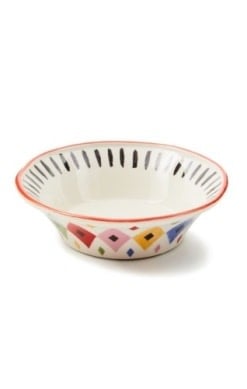 Handmade stoneware bowl with a fair-themed illustration featuring horses and carnival rides in earthy tones.