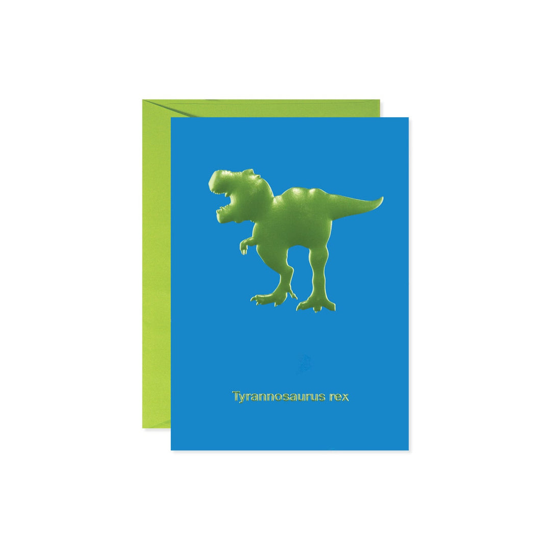 Tyrannosaurus Rex card featuring a black dinosaur silhouette on white.