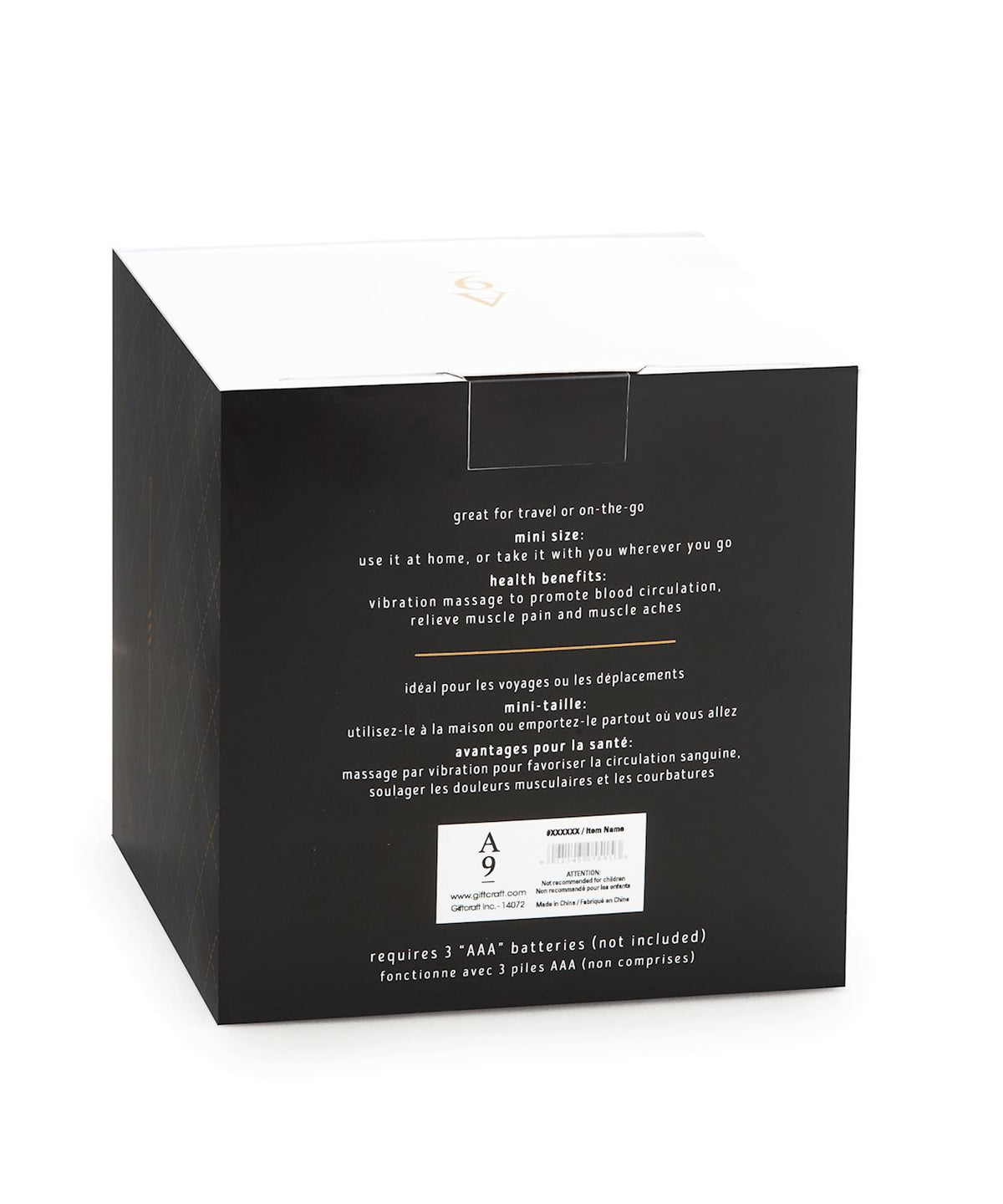Back of a black square box for a mini body massager with product details in English and French.
