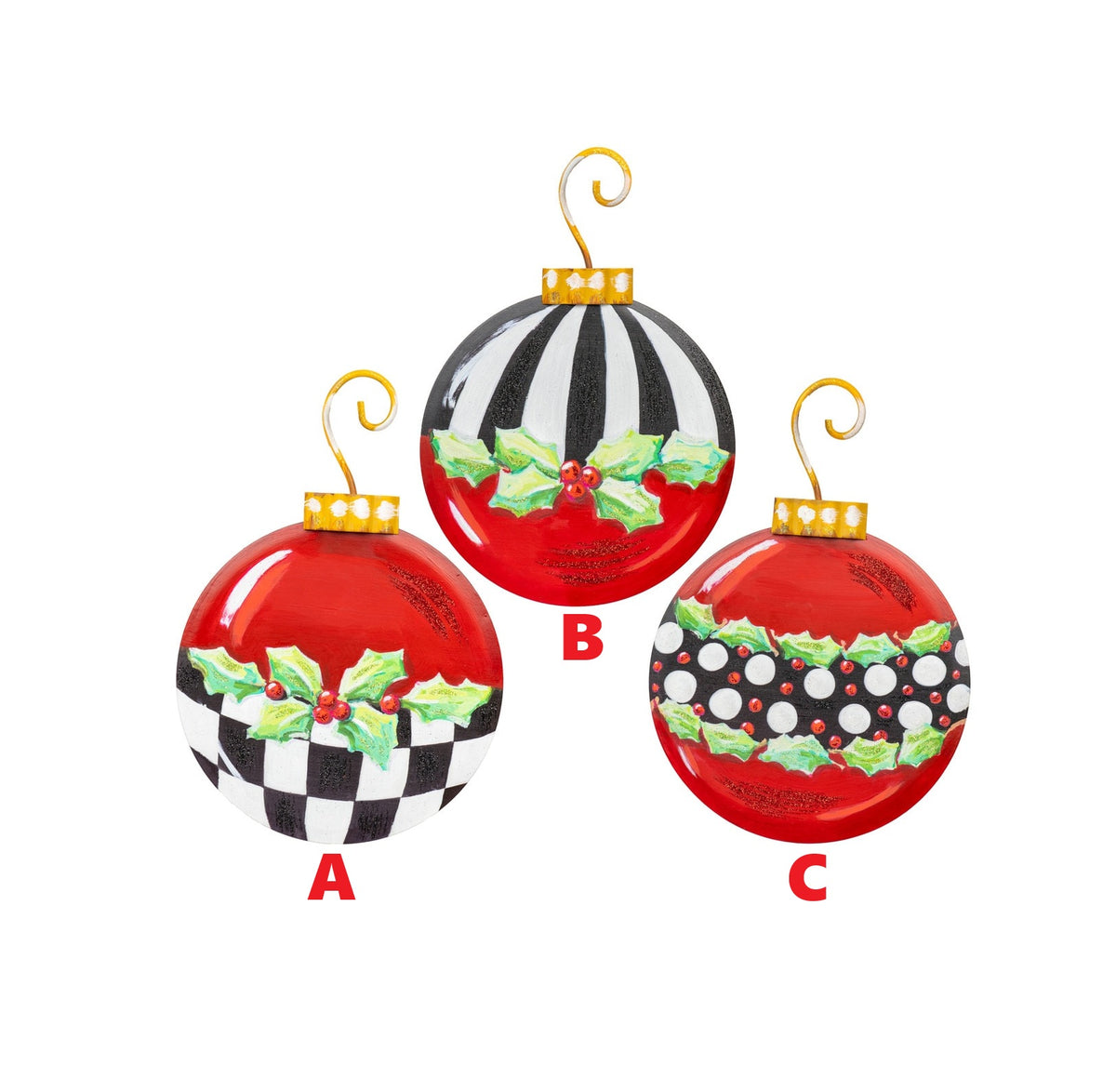 Hand-painted festive ornament with holly accents in a tall oval shape.