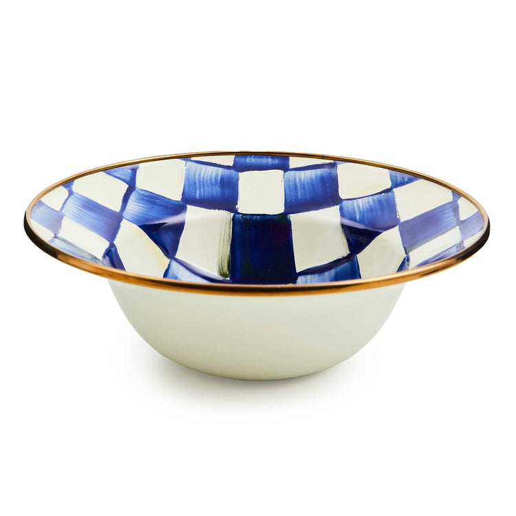 Hand-painted blue and white checkered breakfast bowl with a bronzed stainless steel rim.
