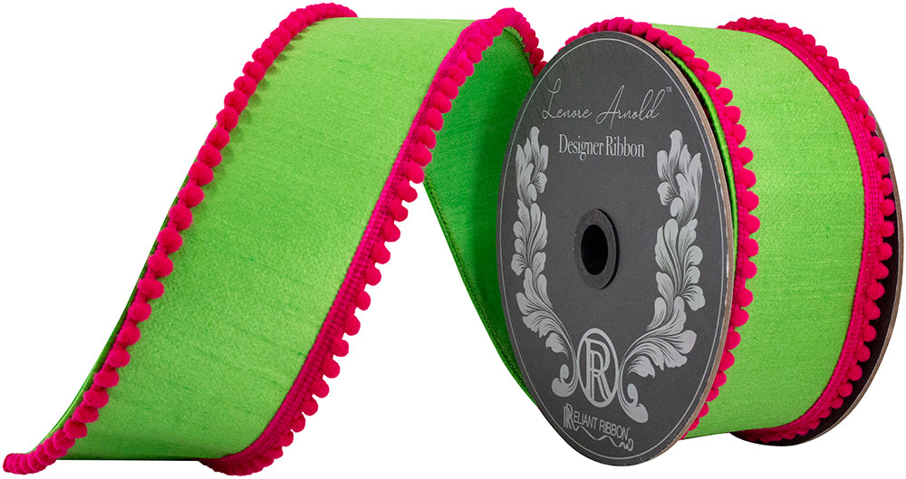 Roll of wired edge ribbon with pom-pom trim in a firm dupioni finish.