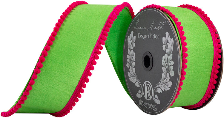 Roll of wired edge ribbon with pom-pom trim in a firm dupioni finish.