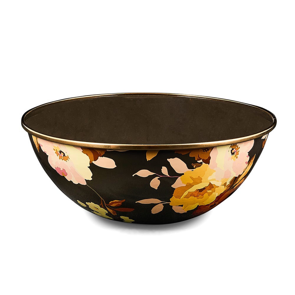 Medium everyday bowl in wild rose brown with hand-applied transfer decoration on heavy-gauge steel and bronzed stainless rim