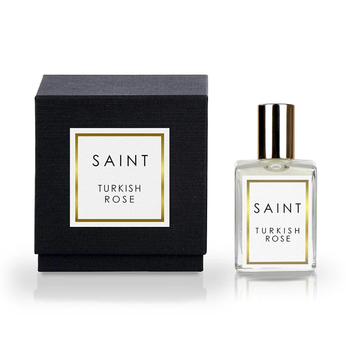 15 ML Roll on Perfume in Turkish Rose by Saint, featuring a clear bottle and black gift box.