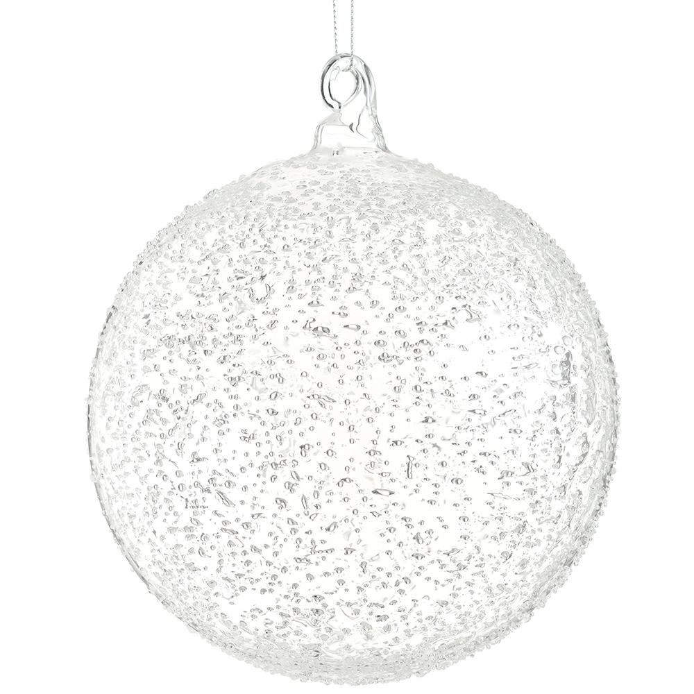 6-inch clear glass ball ornament with a textured beaded surface and a glass hanging loop.