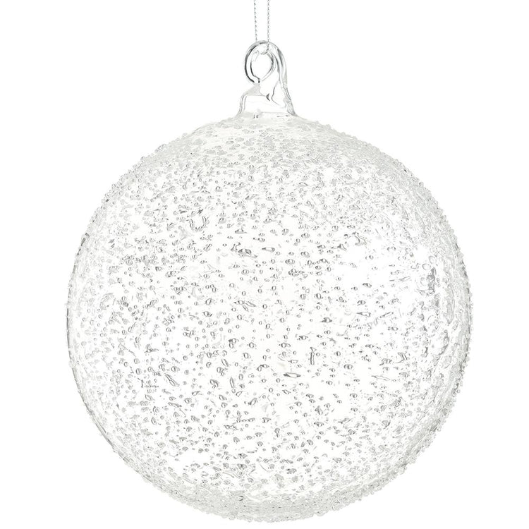 6-inch clear glass ball ornament with a textured beaded surface and a glass hanging loop.