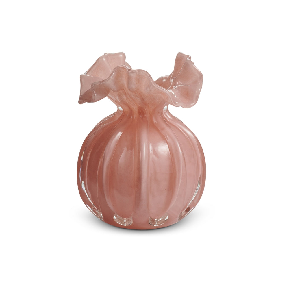 Pale pink glass vase with ruffled rim edge