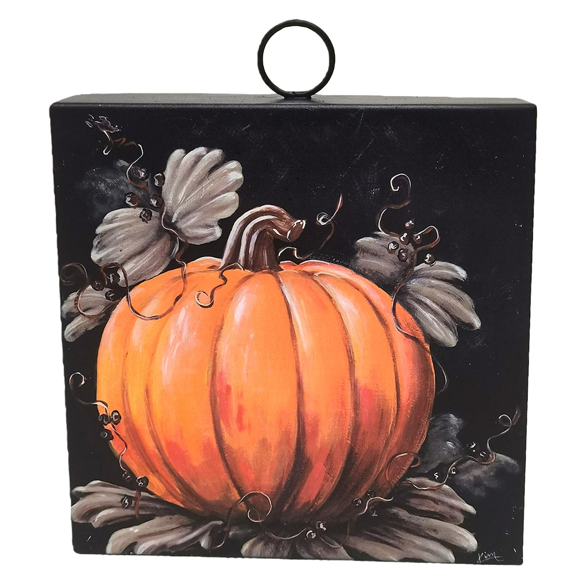 Mini Art Pumpkin Harvest painting on a black square block with a metal ring hanger.