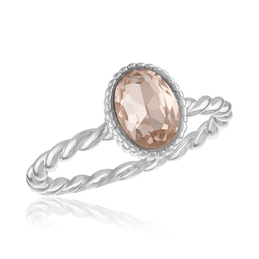 Vintage Rose Oval Stack Ring with a twisted silver band and a peach-colored oval gemstone.