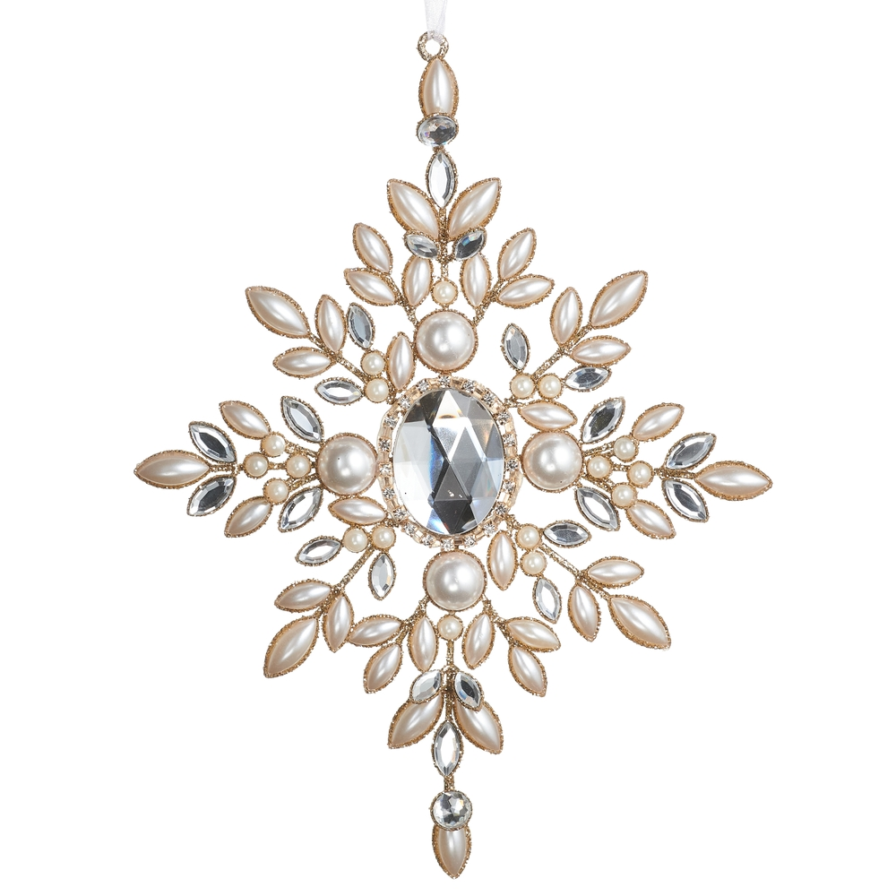 9-inch snowflake ornament featuring a large central jewel surrounded by pearls and clear gems.