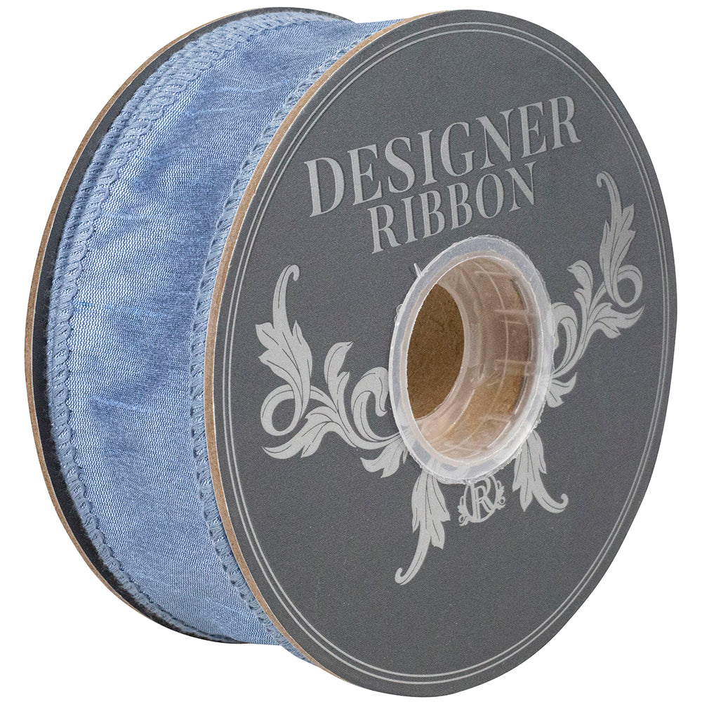 1.5 inch French blue Dupioni Supreme wired edge ribbon on a designer spool.