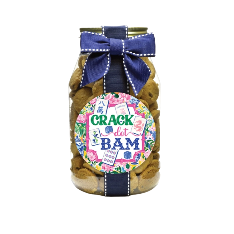 Quart-sized cookie jar with a blue ribbon and a colorful Mahjong-themed label.