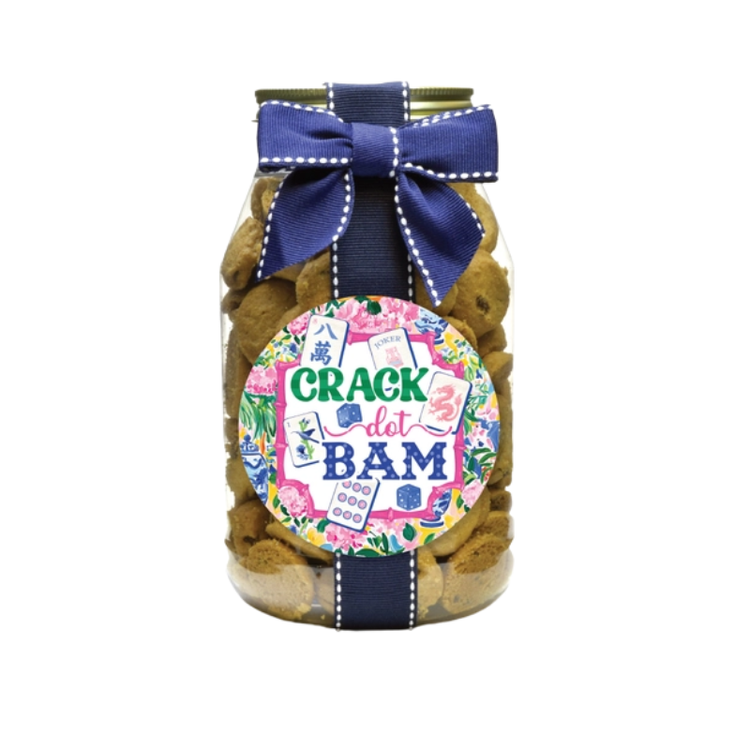 Quart-sized cookie jar with a blue ribbon and a colorful Mahjong-themed label.