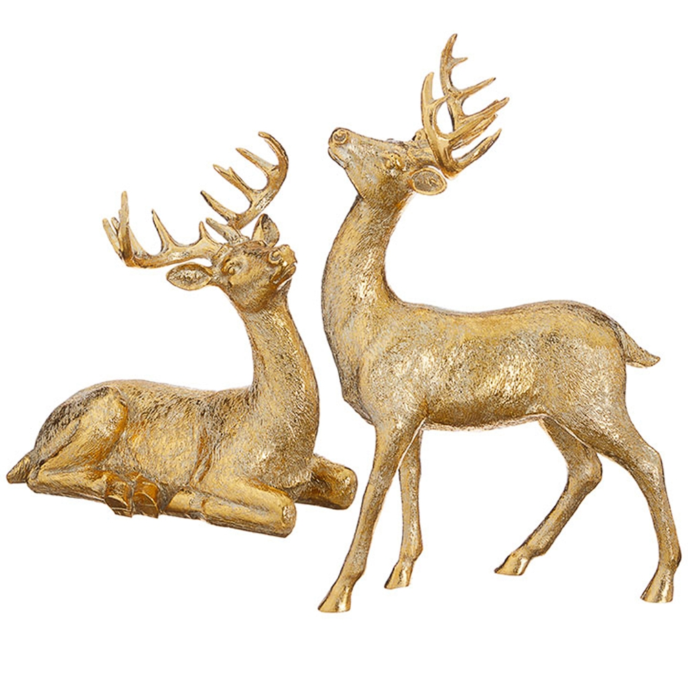 Two gold resin deer figurines, one standing and one sitting, with textured finish and antlers.