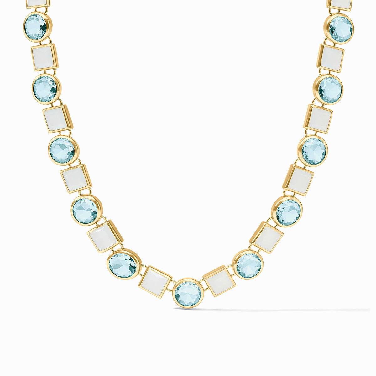 Adjustable gold-plated tennis necklace with imported glass stones on a toggle clasp.