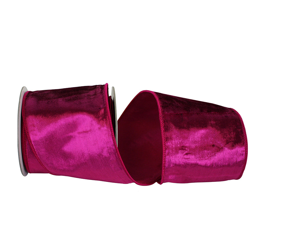 Four-inch wide shimmery velvet ribbon with wired edge in festive holiday colors.