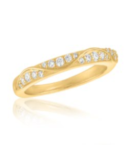 Gold layered eternity ring with cubic zirconia stones on a brass base